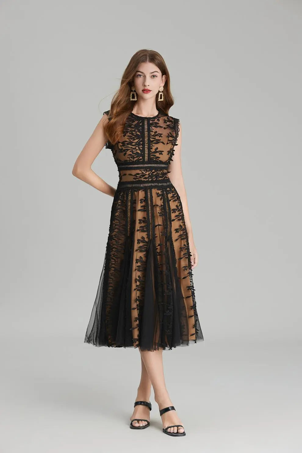 3D Embroidered Lace Mesh Midi Dress in Black