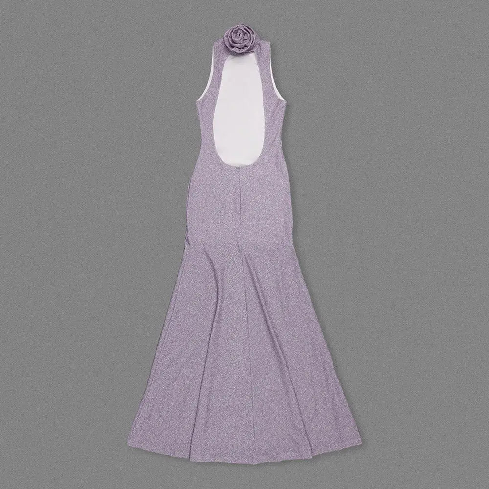 Sleeveless Back Flower Embellished Halter Maxi Dress in Purple