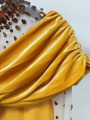 Mesh-Paneled Rhinestone-Embellished Maxi Dress - Yellow