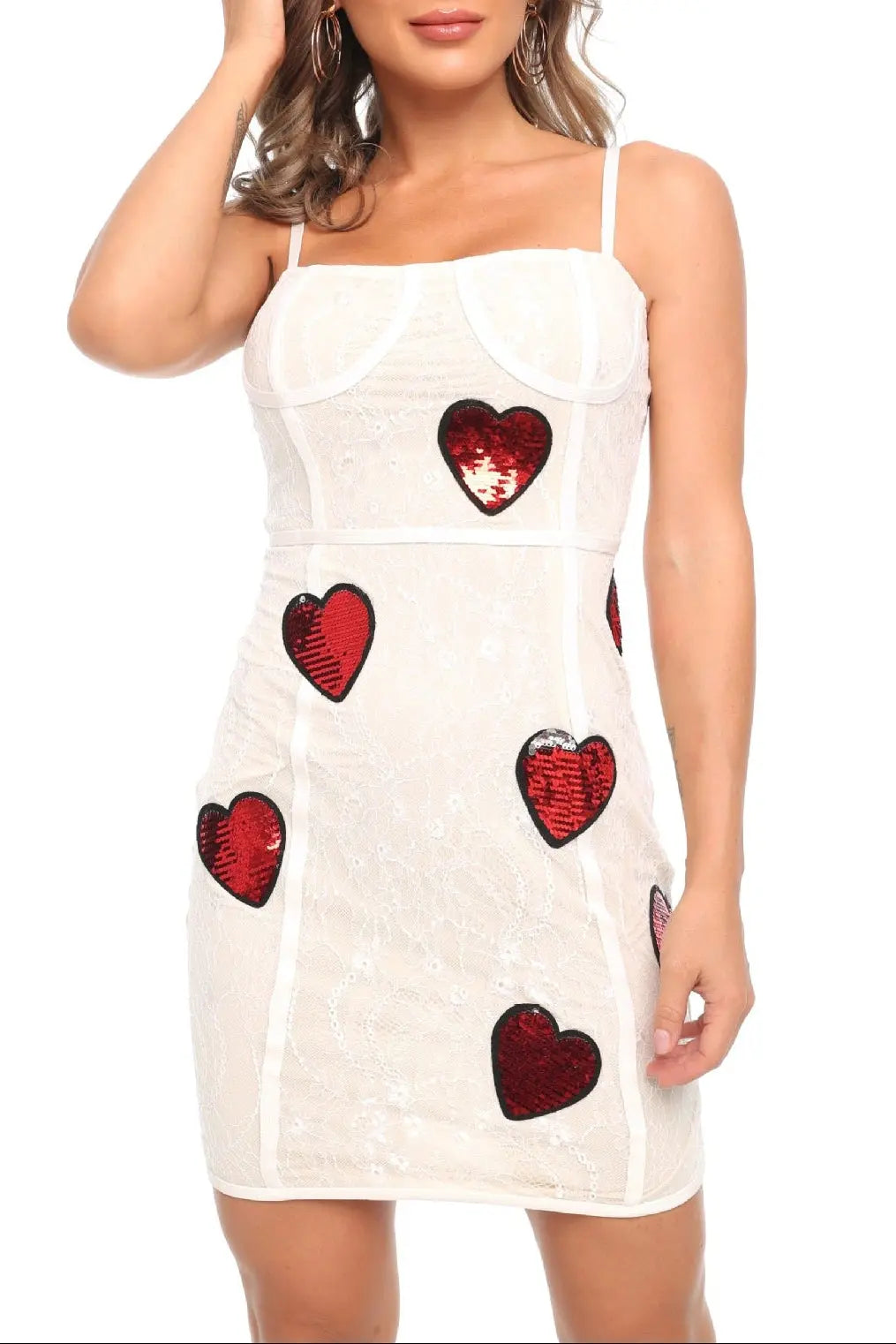 Sequin Heart Embroidery Lace Mini Dress in White