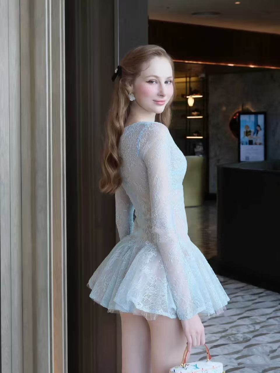 Long-Sleeve V-Neck Lace A-Line Mini Dress in Blue
