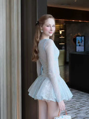 Long-Sleeve V-Neck Lace A-Line Mini Dress in Blue