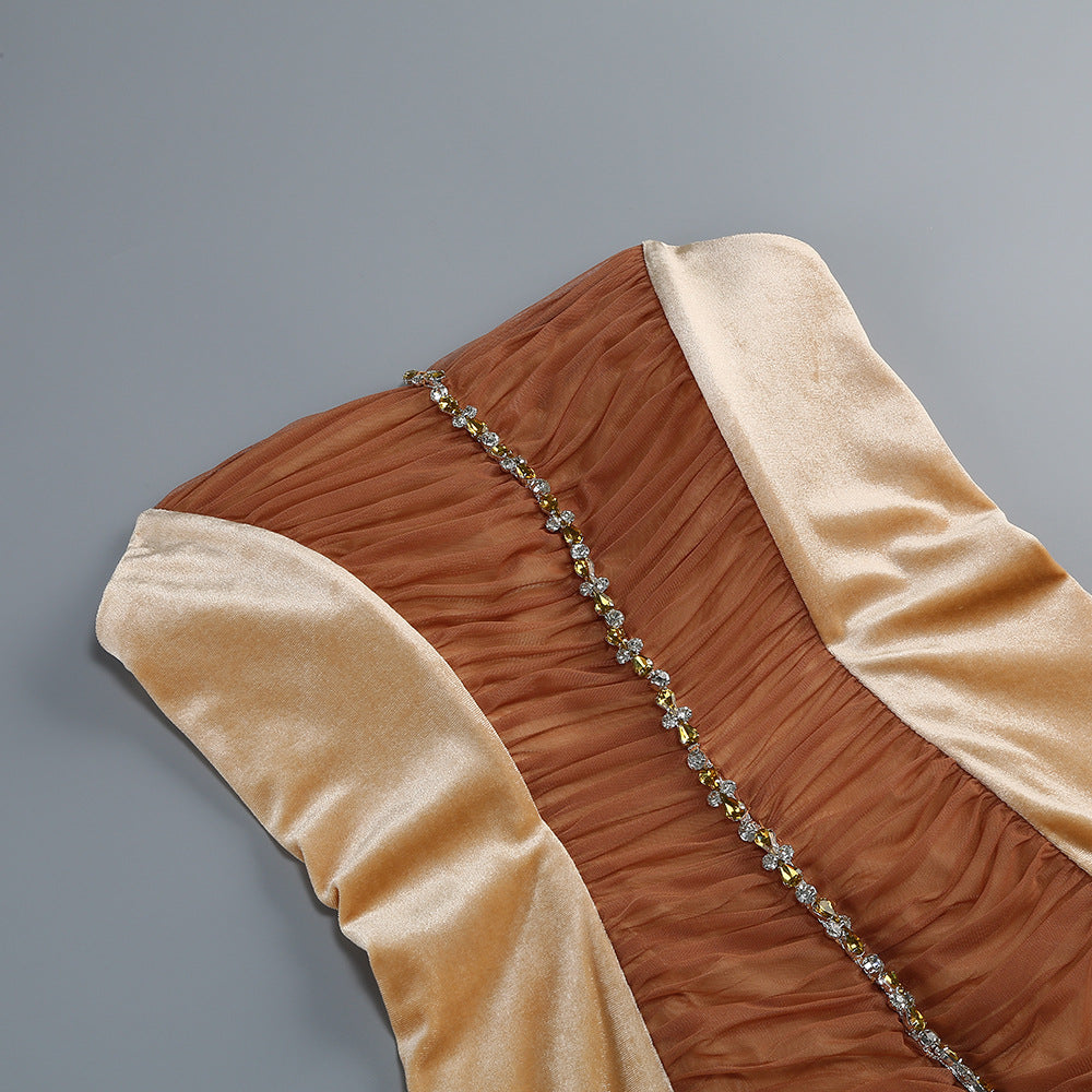 Rhinestone Embellished Feather Mini Dress in Brown