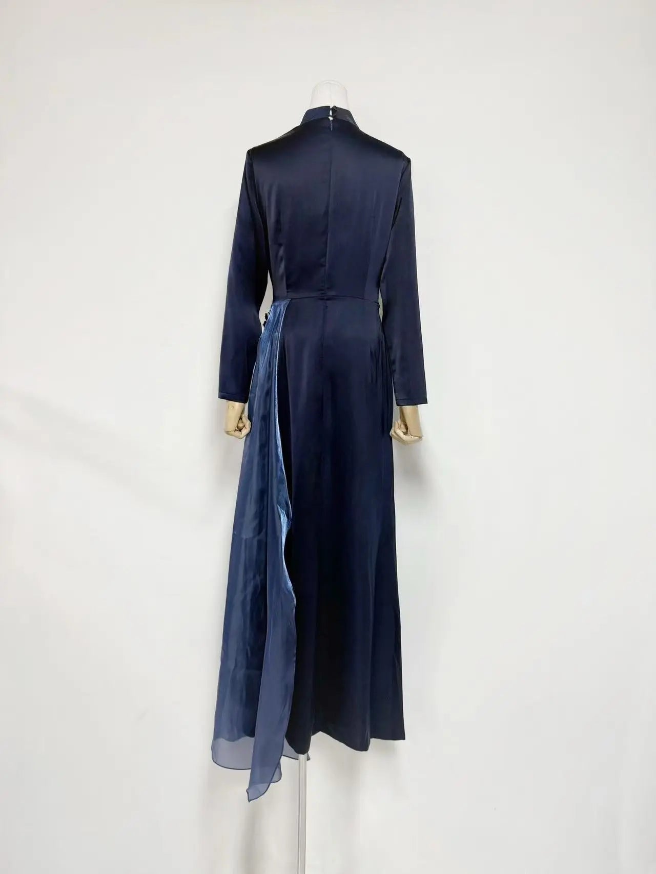 Crystal Flower Long-Sleeve Lace Maxi Dress in Blue