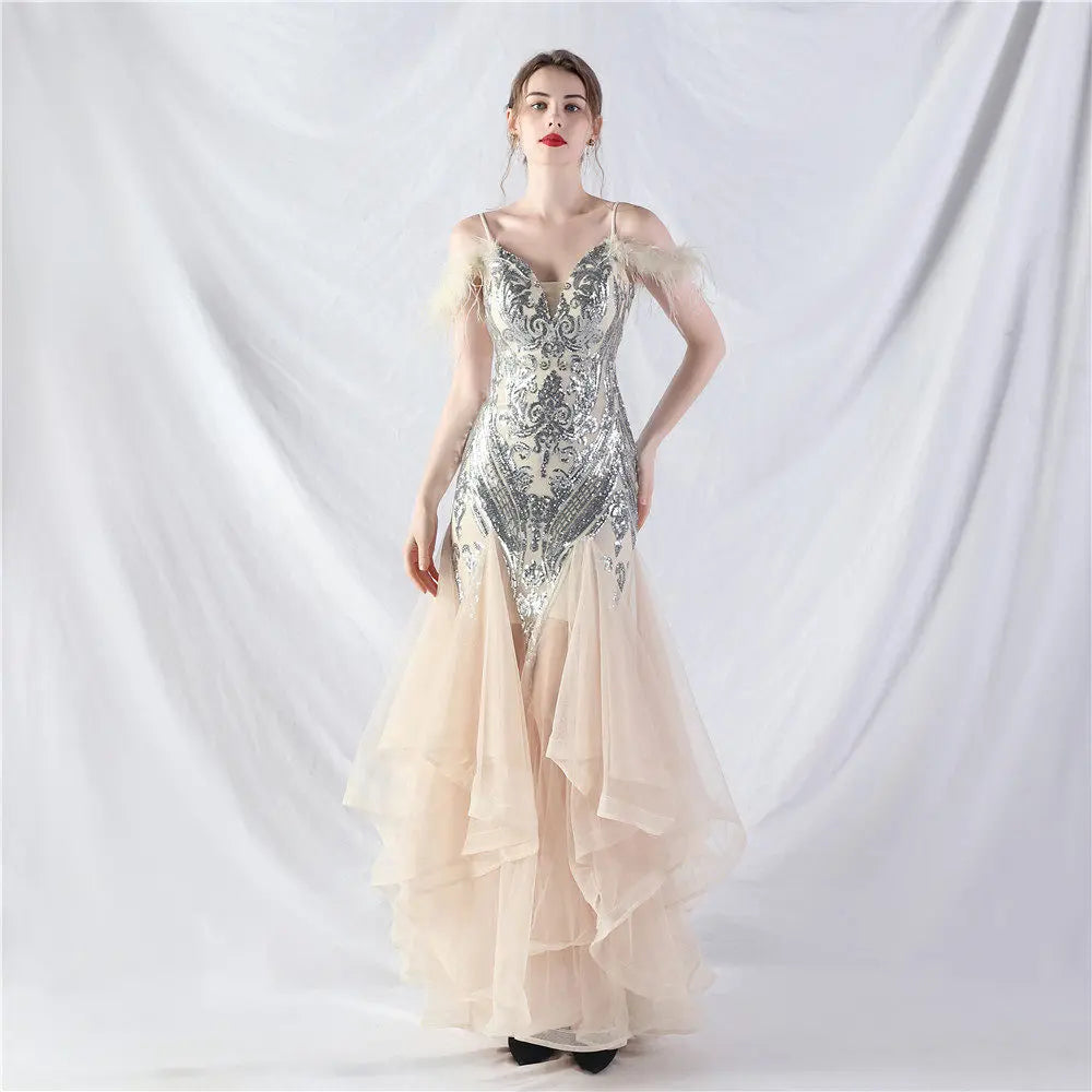 Feather Sequin Maxi Dress