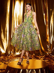 V-Neck Flower Backless Midi Dress in Green