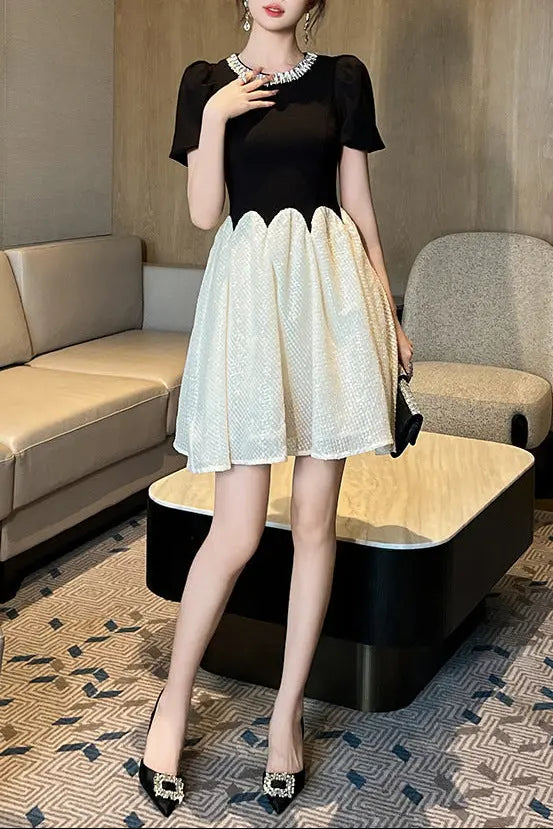 Black-White Rhinestone Neck Sequin Mini Dress