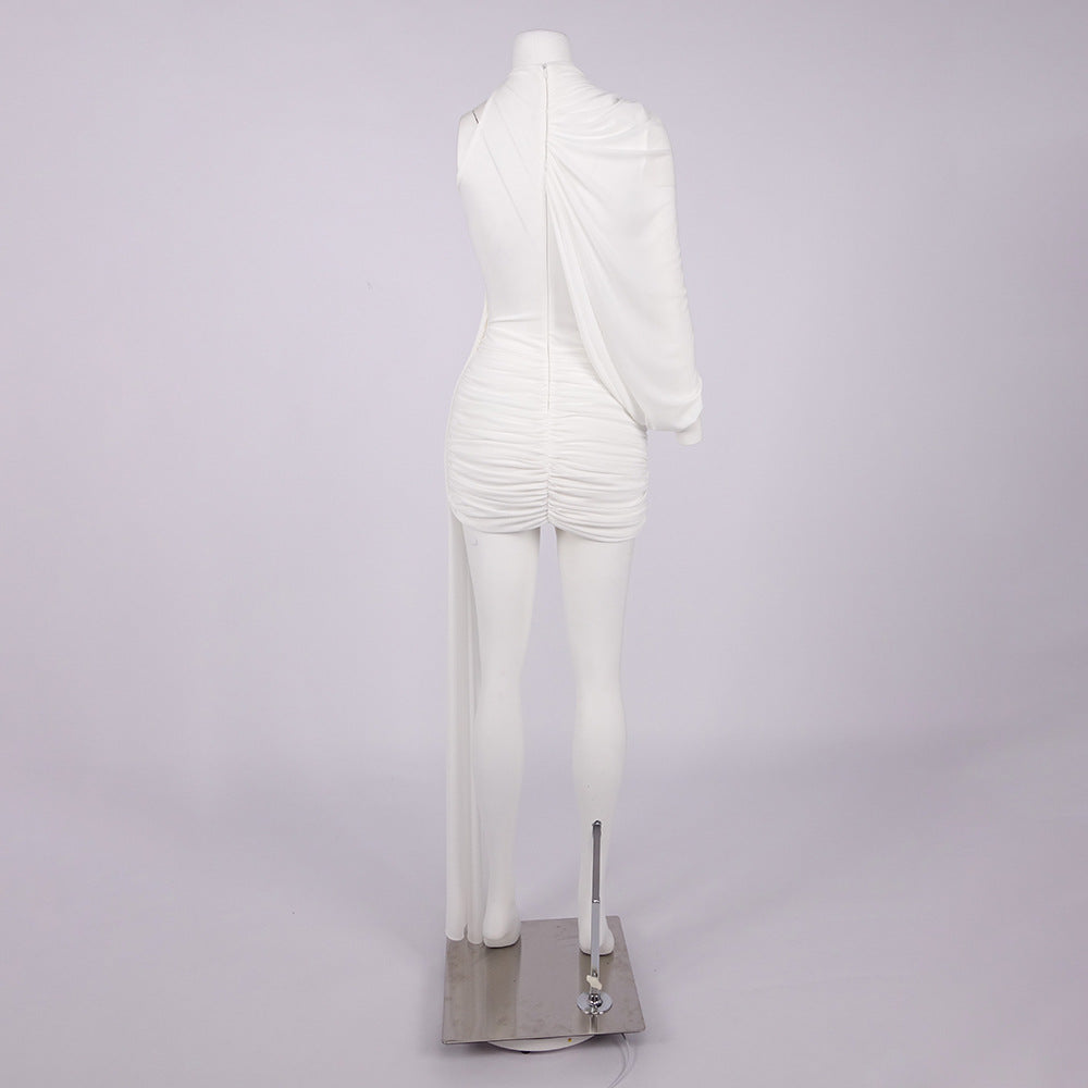 Off-Shoulder Single-Sleeve Bodycon Ribbon Mini Dress - White