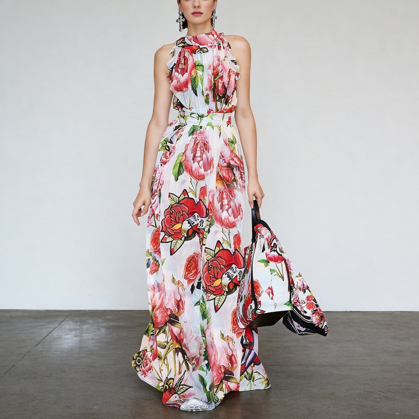 Floral Printed Sleeveless Flowing Large Swing Dress