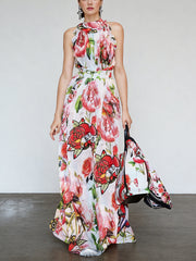 Floral Printed Sleeveless Flowing Large Swing Dress