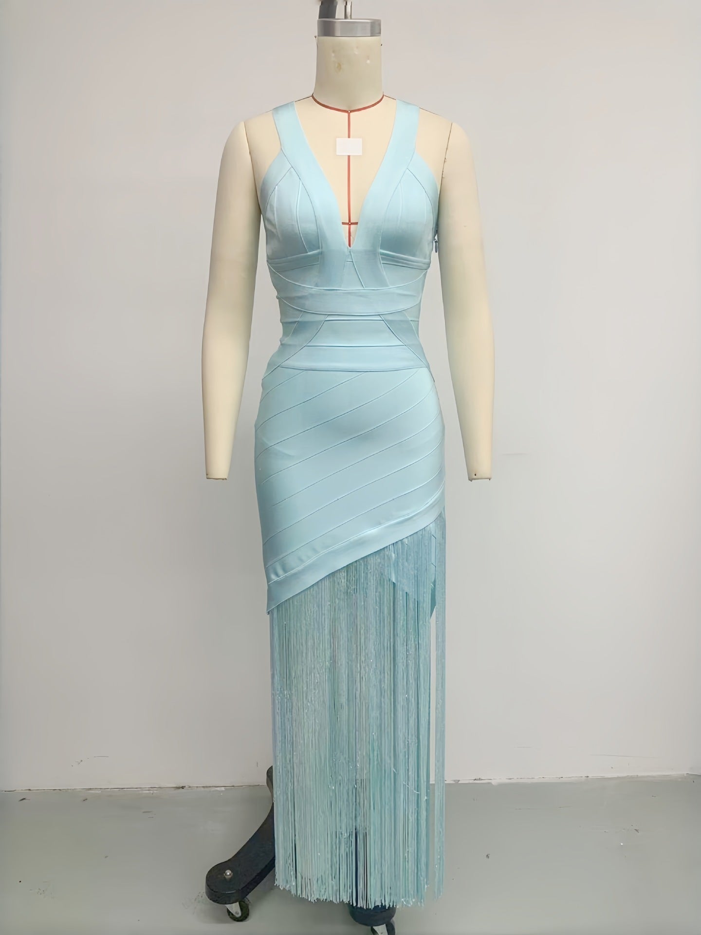 Light Blue Bandage Fringe Midi Dress