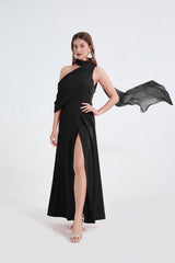 One-Shoulder Detachable Collar Maxi Dress in Black