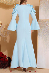 3D Flower Long Sleeve Bodycon Maxi Dress in Blue