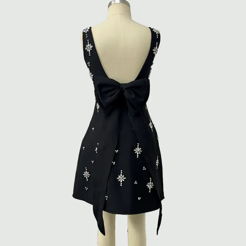 Sleeveless Diamond Bandage Mini Dress in black