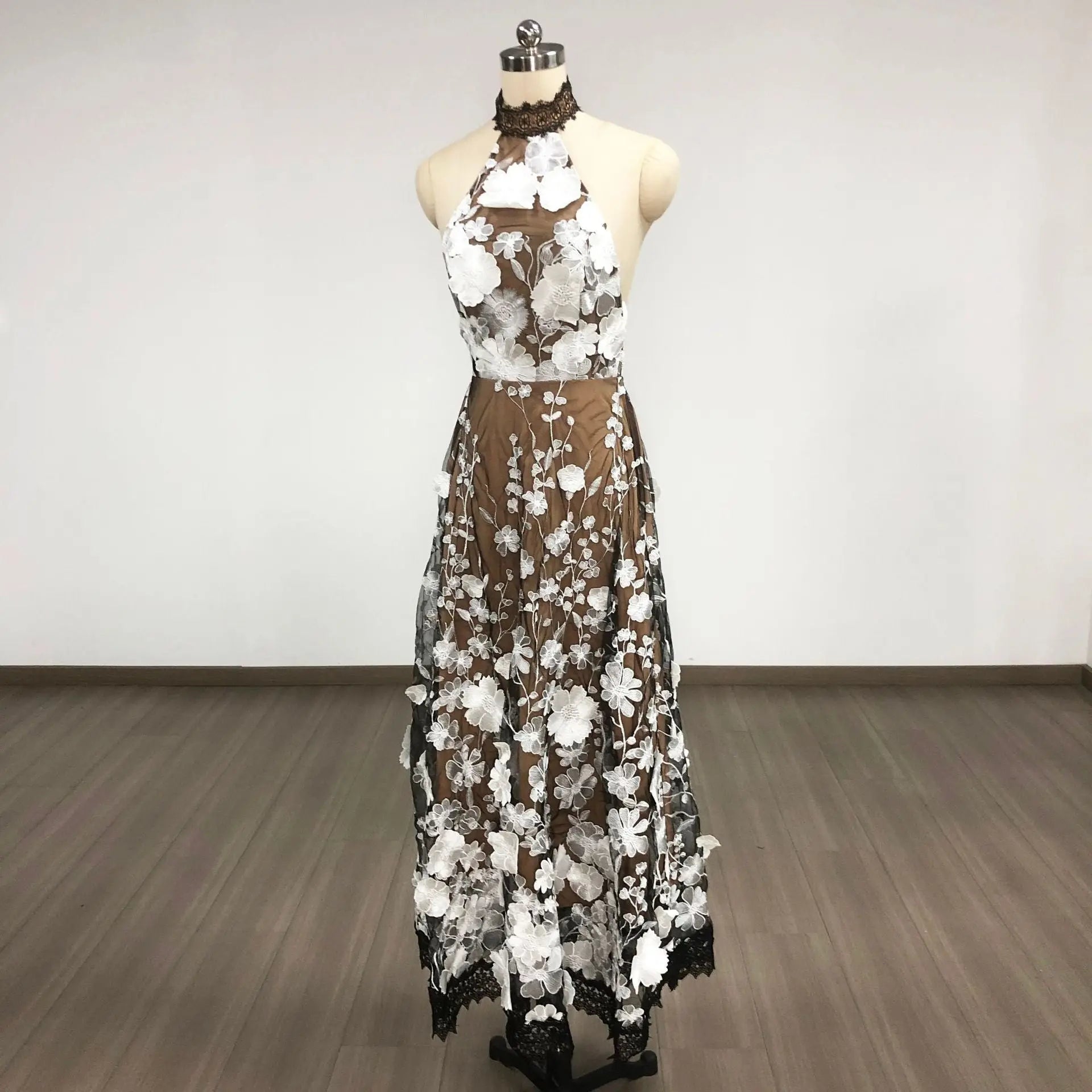 Black Halter Floral Embroidered Midi Dress