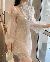 Floral Bead Embroidery Mini Dress in Apricot
