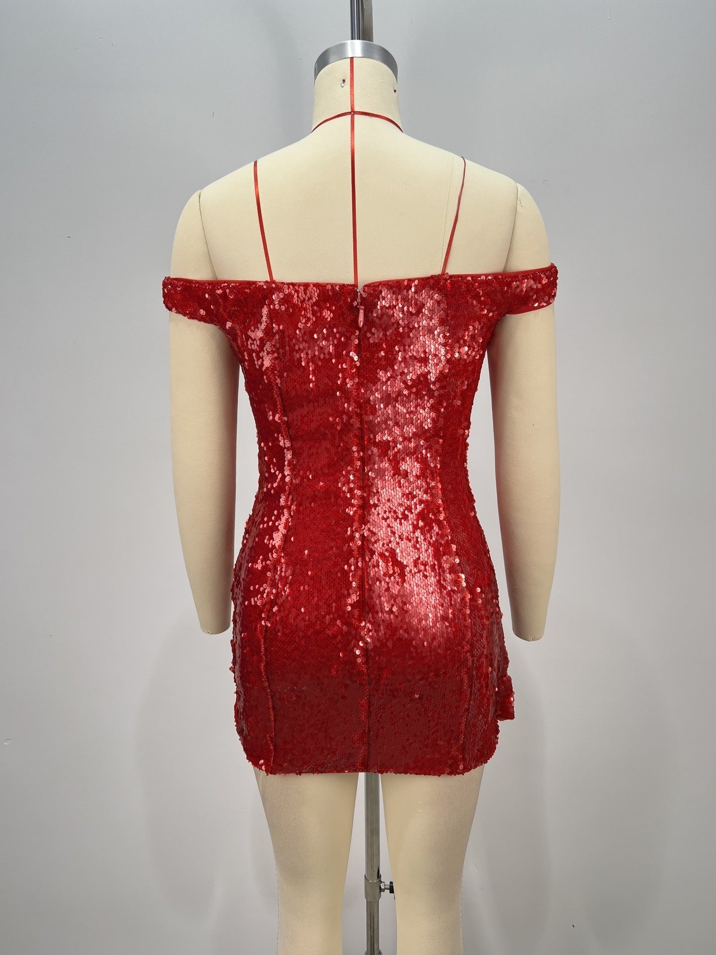 Sequin Ruched Bodycon Mini Dress in Red