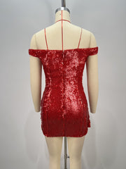 Sequin Ruched Bodycon Mini Dress in Red