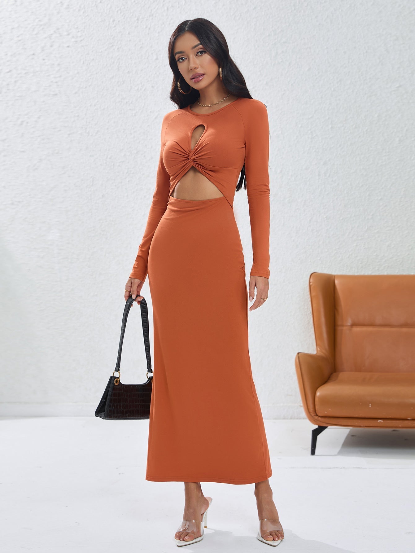 Round Neck Long Sleeve A-line Maxi Dress