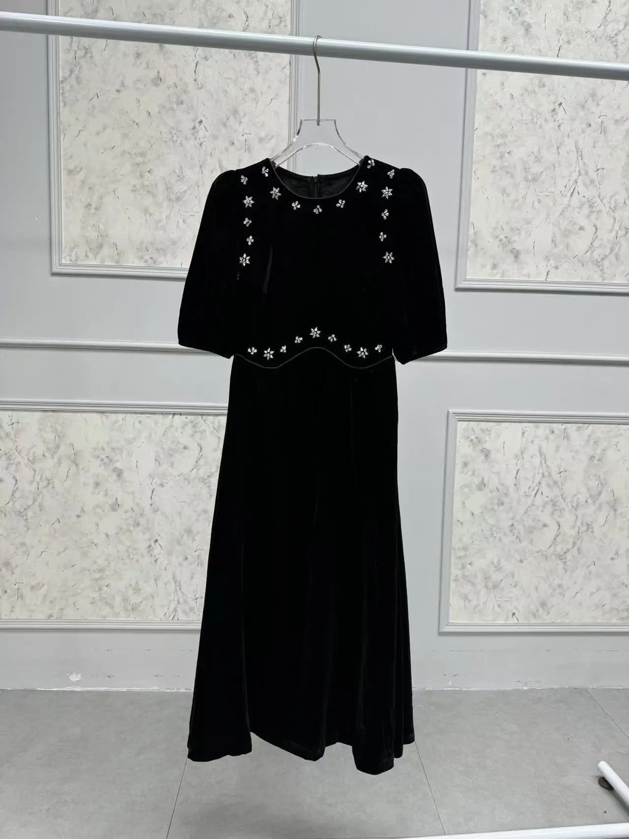 Black Rhinestone Embellished Puff Sleeve Maxi Dress