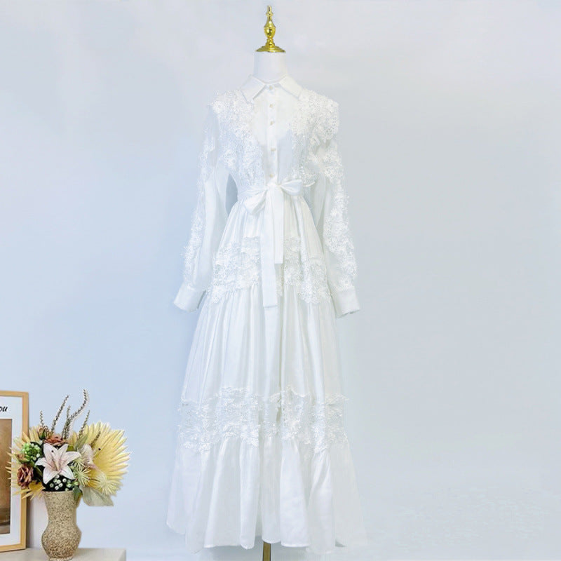 Splicing Flapped Lace Hollow Midi Dress in White