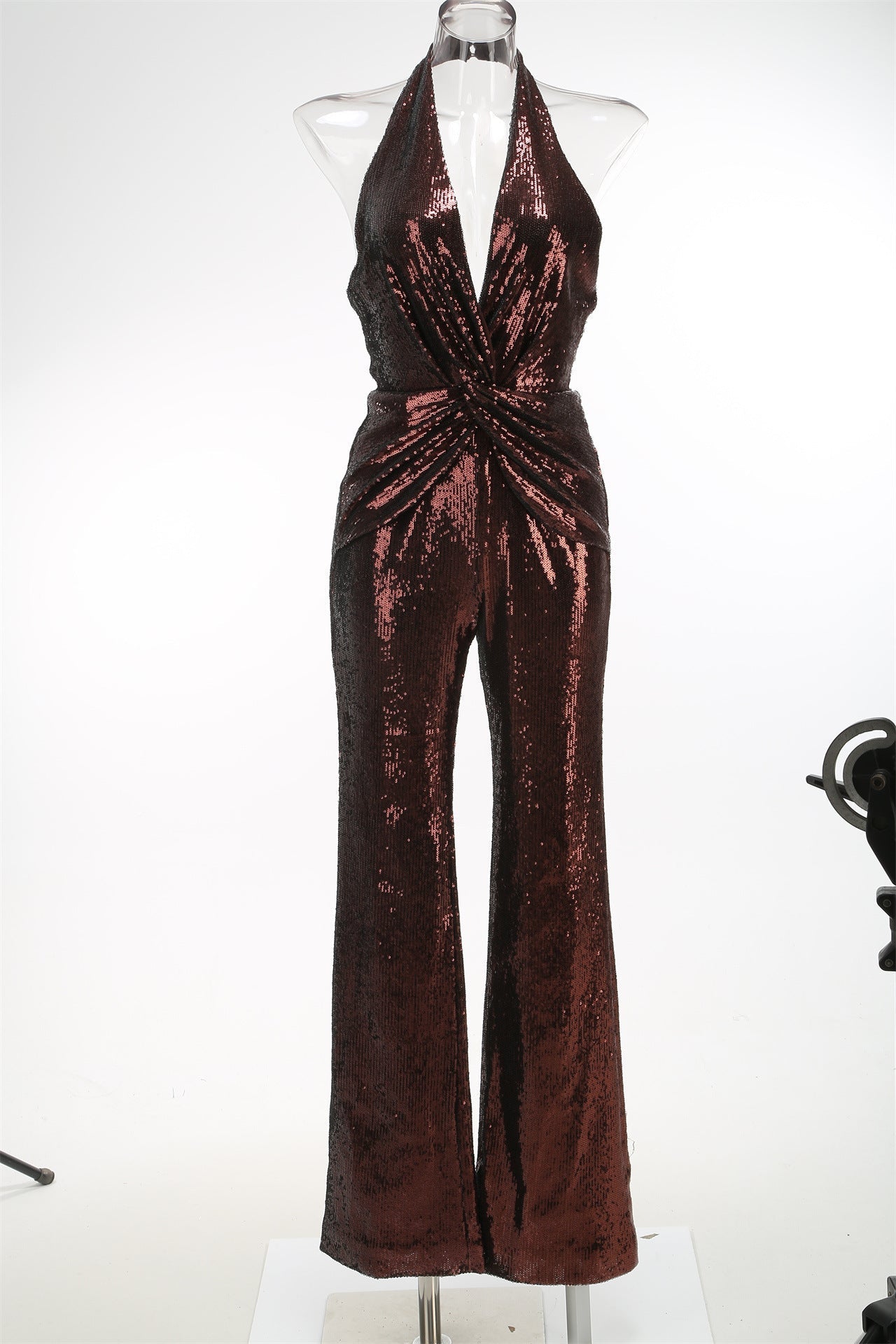 Brown Sequin Deep V High Waist Jumpsuit