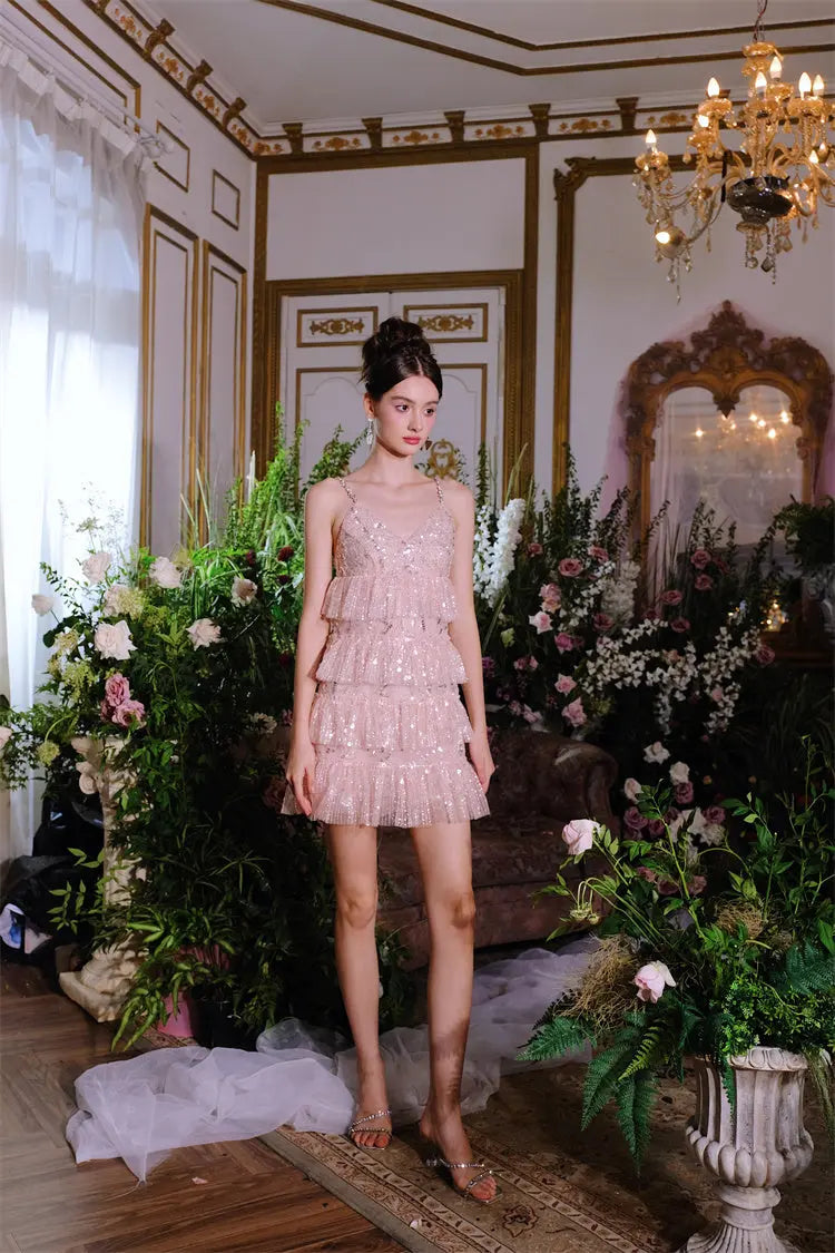 Pink Sleeveless Sequin Ruffle Short Dinner Dress