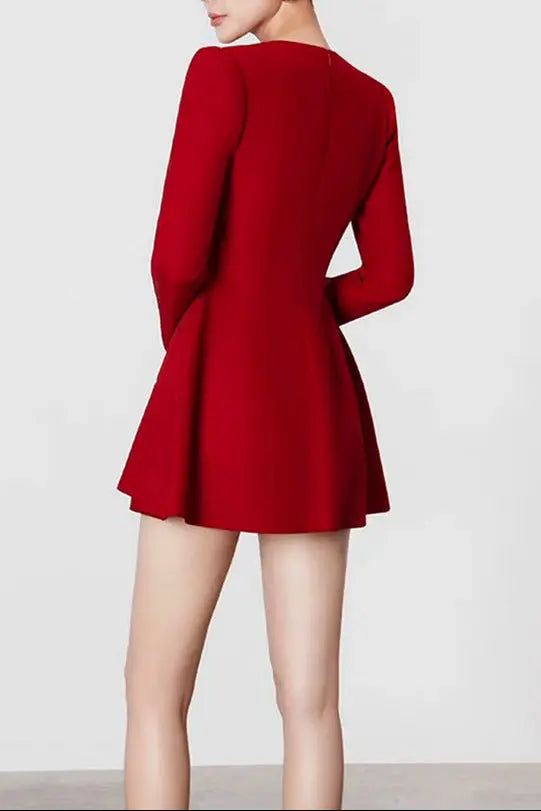 Red Square Neck Long Sleeve A-Line Mini Dress