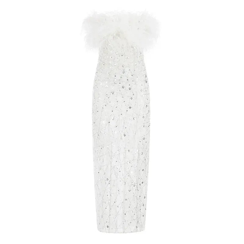 White Haute Couture Feather Sequin Dress