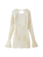 Yellow Backless Floral Sleeve Slim Fit Mini Dress
