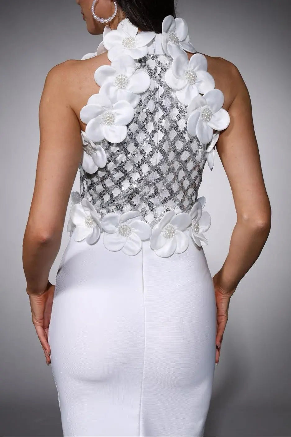 3D Flower Sequin Halter Bandage Maxi Dress in White