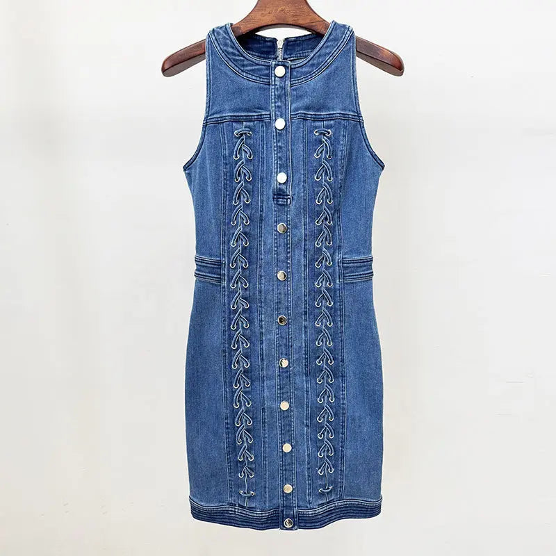 Buttoned Lace-Up Sleeveless Mini Dress in Navy Blue