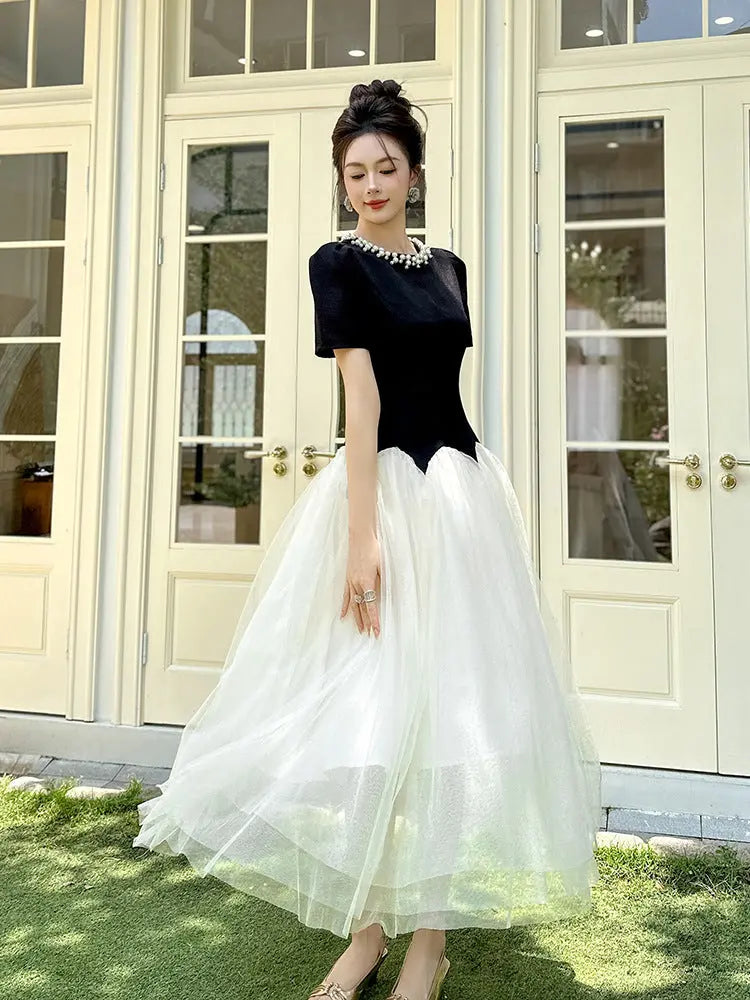 Black-White Rhinestone Neck Maxi Dress