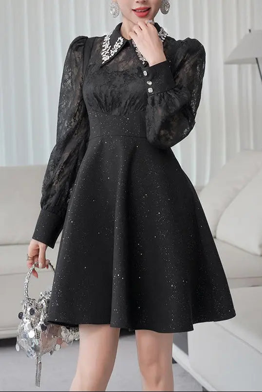 Black Rhinestone Collar Neck Lace Hollow Sleeve Mini Dress