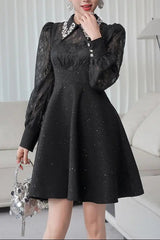 Black Rhinestone Collar Neck Lace Hollow Sleeve Mini Dress