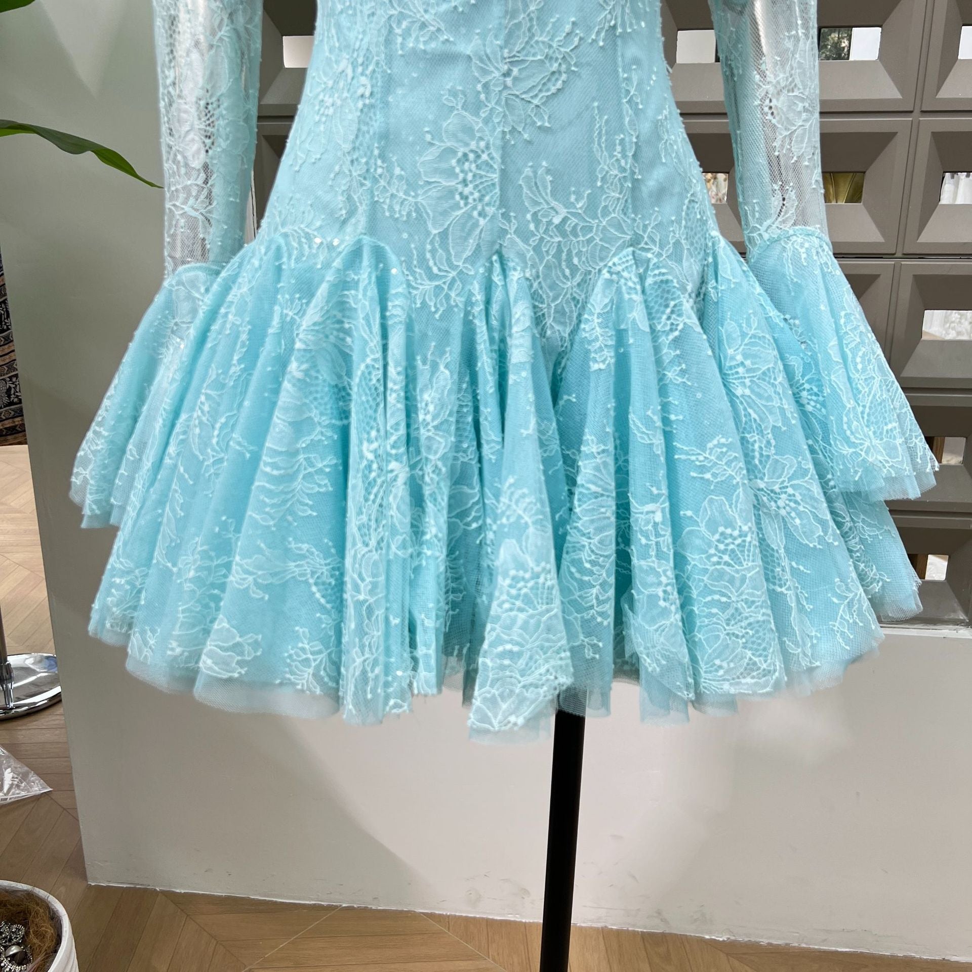 Blue Embroidered Mini Dress