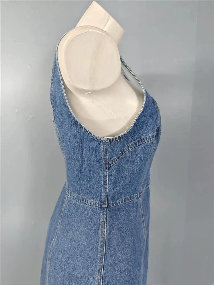 Denim Square Neck Slim Mini Dress