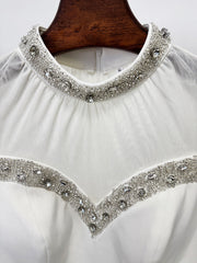 Mesh-Paneled Rhinestone-Embellished Maxi Dress - White