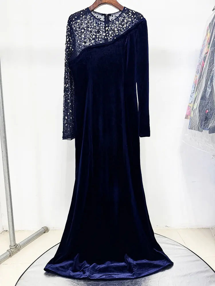Crystal Patchwork Column Maxi Dress in dark blue