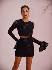 Two-Piece Embroidered Floral Backless T-shirt and Skirt Set-Black