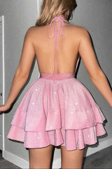 A Line Halter mini Dress in Pink
