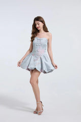 Fishbone Bodice A-line Mini Dress in Blue