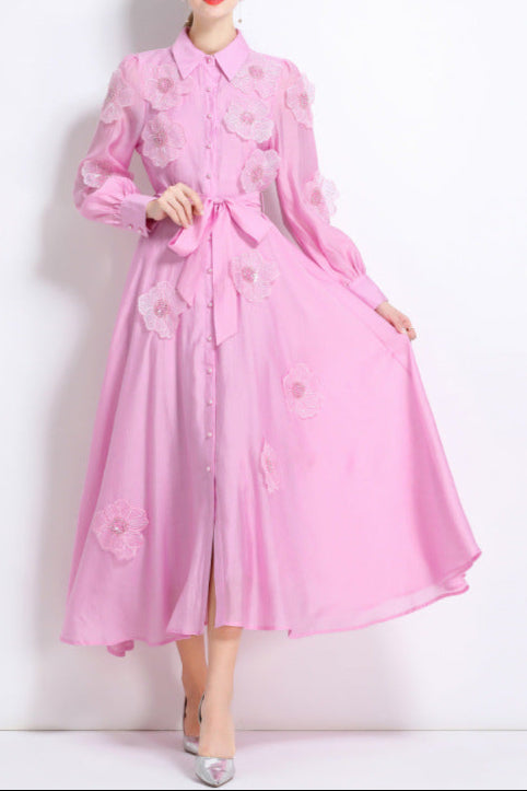 Embroidered Midi Dress in Pink