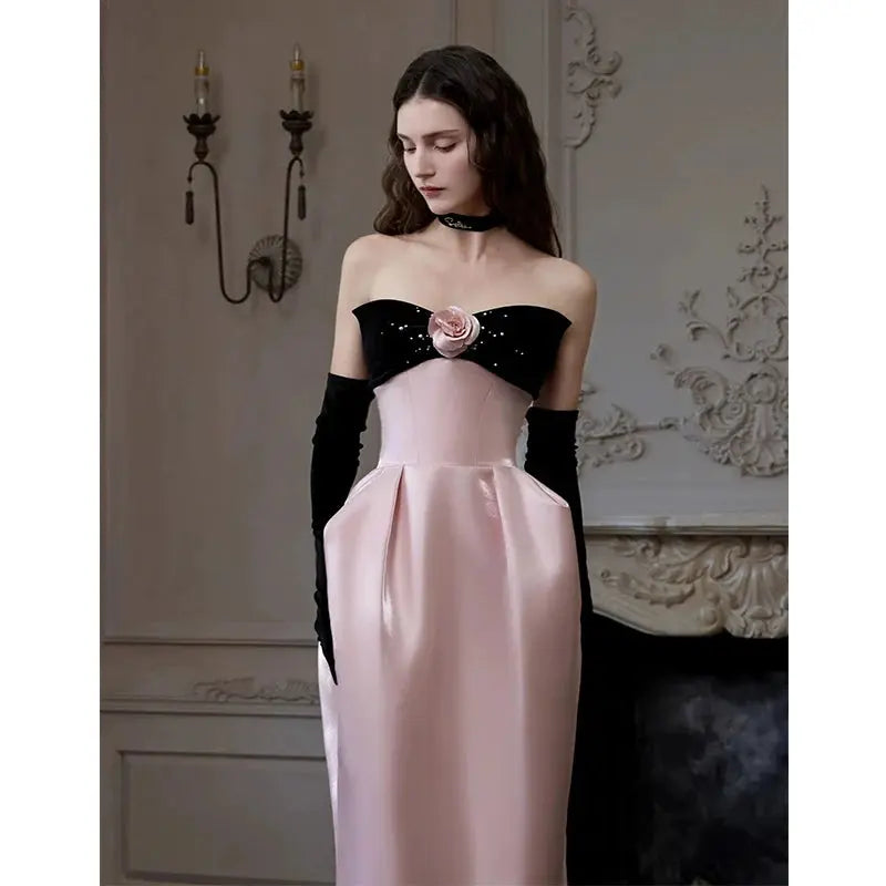 Satin Pink Flower Maxi Prom Dress