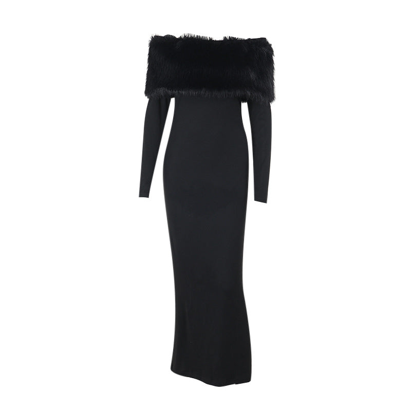 Furry Embellished Bodycon Midi Dress in Black