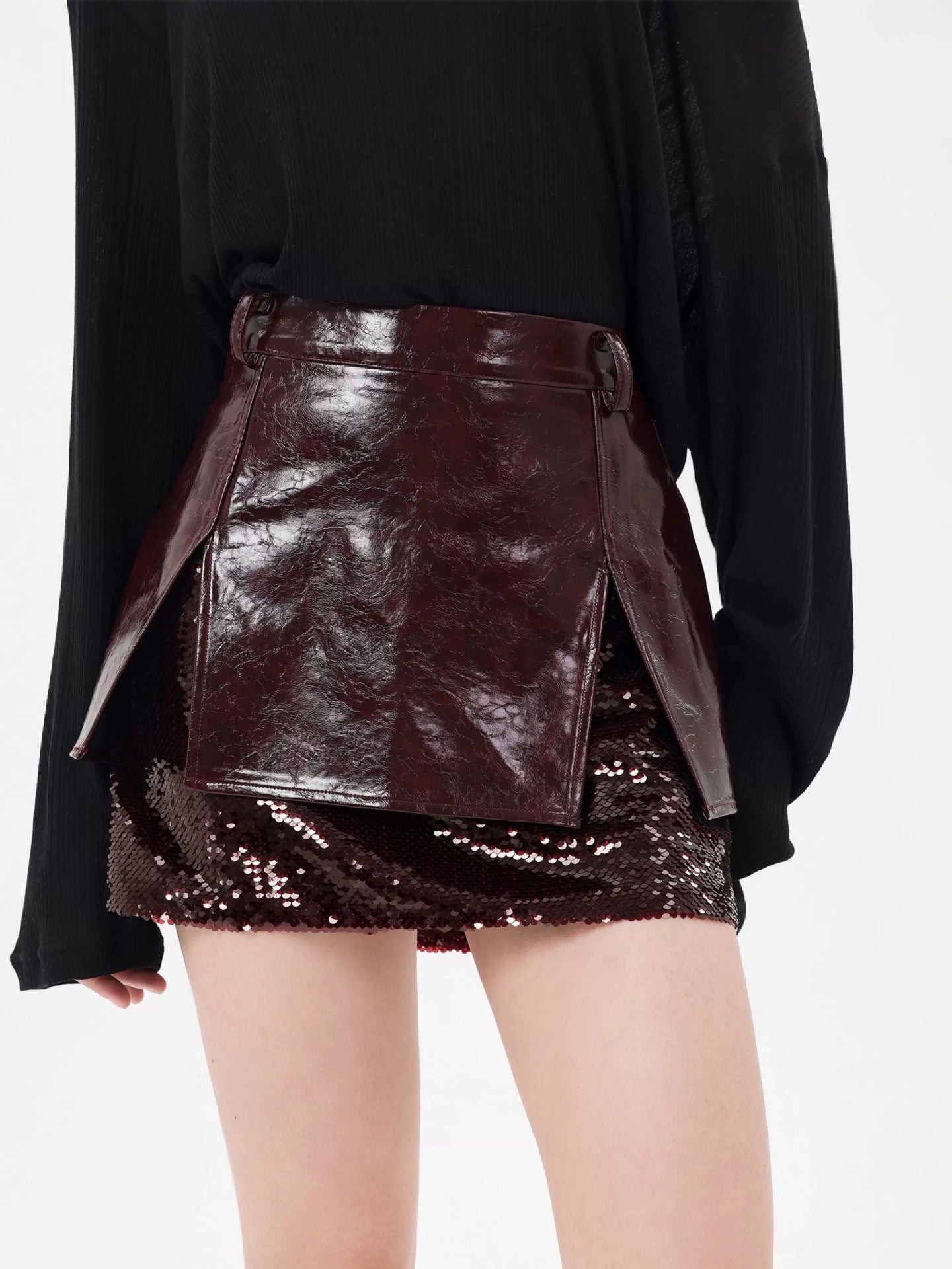 Sequin Embellished Leather Mini Skirt in Burgundy
