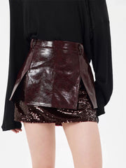Sequin Embellished Leather Mini Skirt in Burgundy
