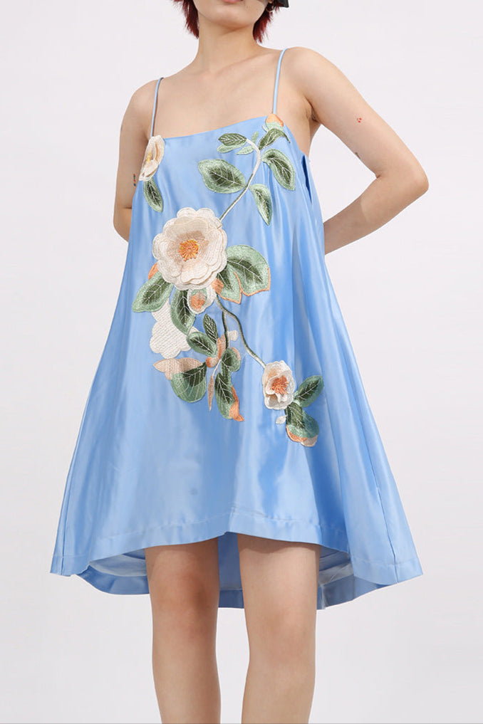 Floral Embroidered Mini Dress in Blue
