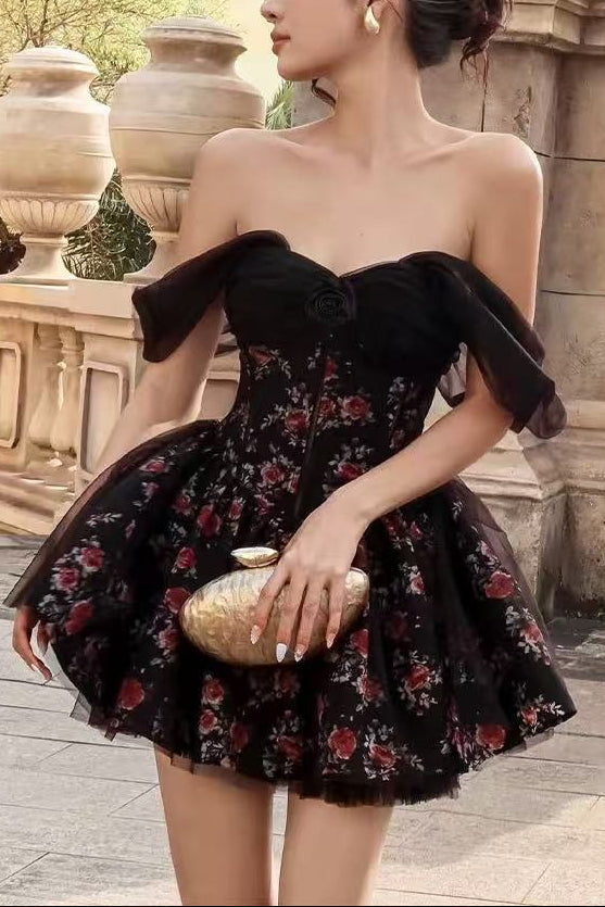 Floral Printed Mini Dress in Black