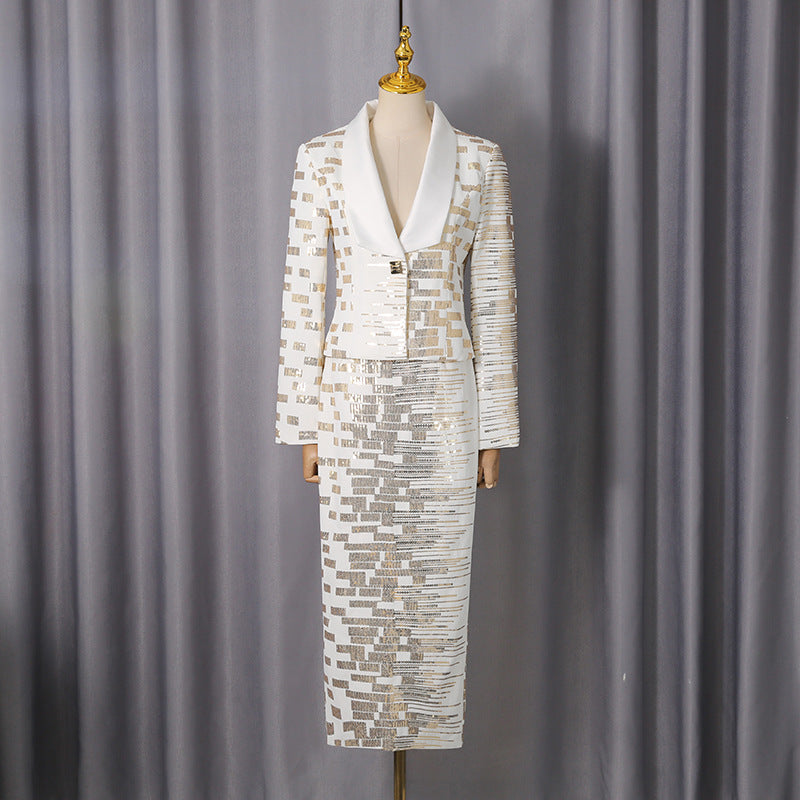 High-Waisted Skirt Gold Sequin Print Blazer Suit in White